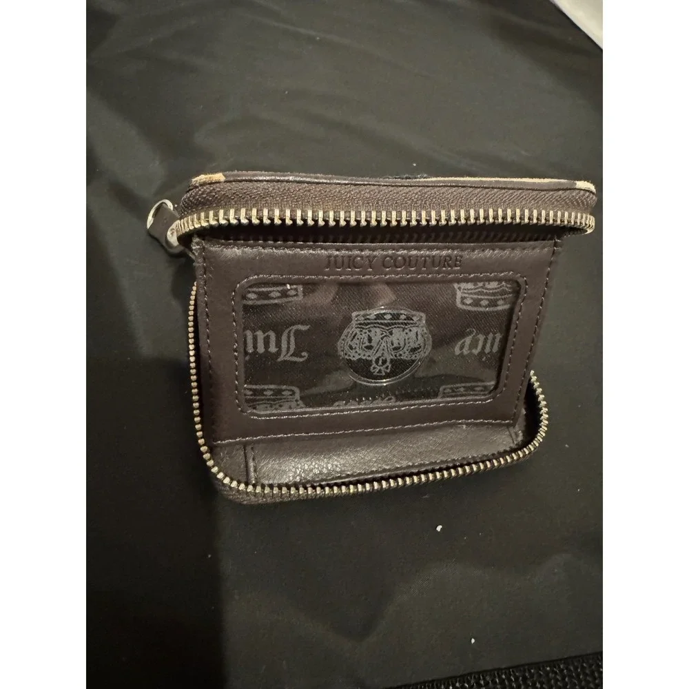 Vintage Juicy Couture Wallet Single Fold Tan Velvet Embroidered Logo Bling Zip
